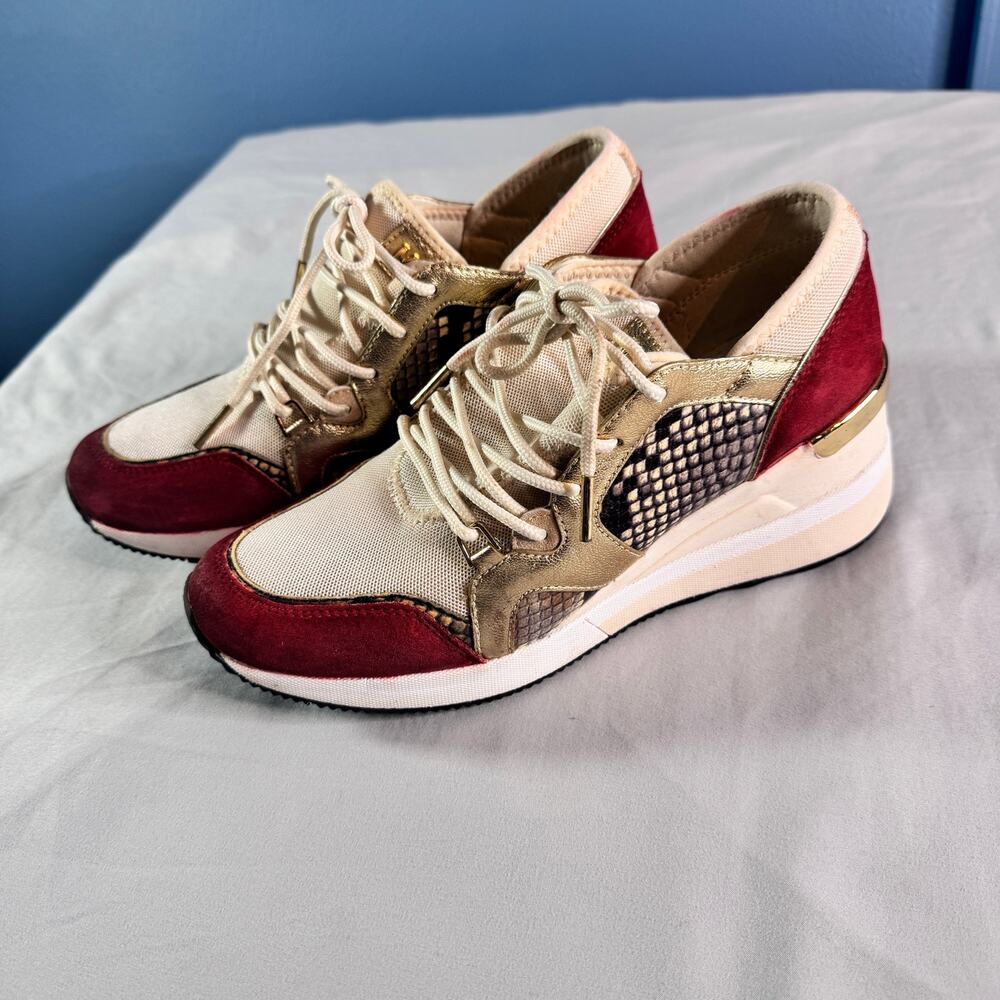 Michael Kors Sneakers 7.5M Gold Snakeskin Colorblock Trainer Shoes Lace Up - Picture 2 of 7
